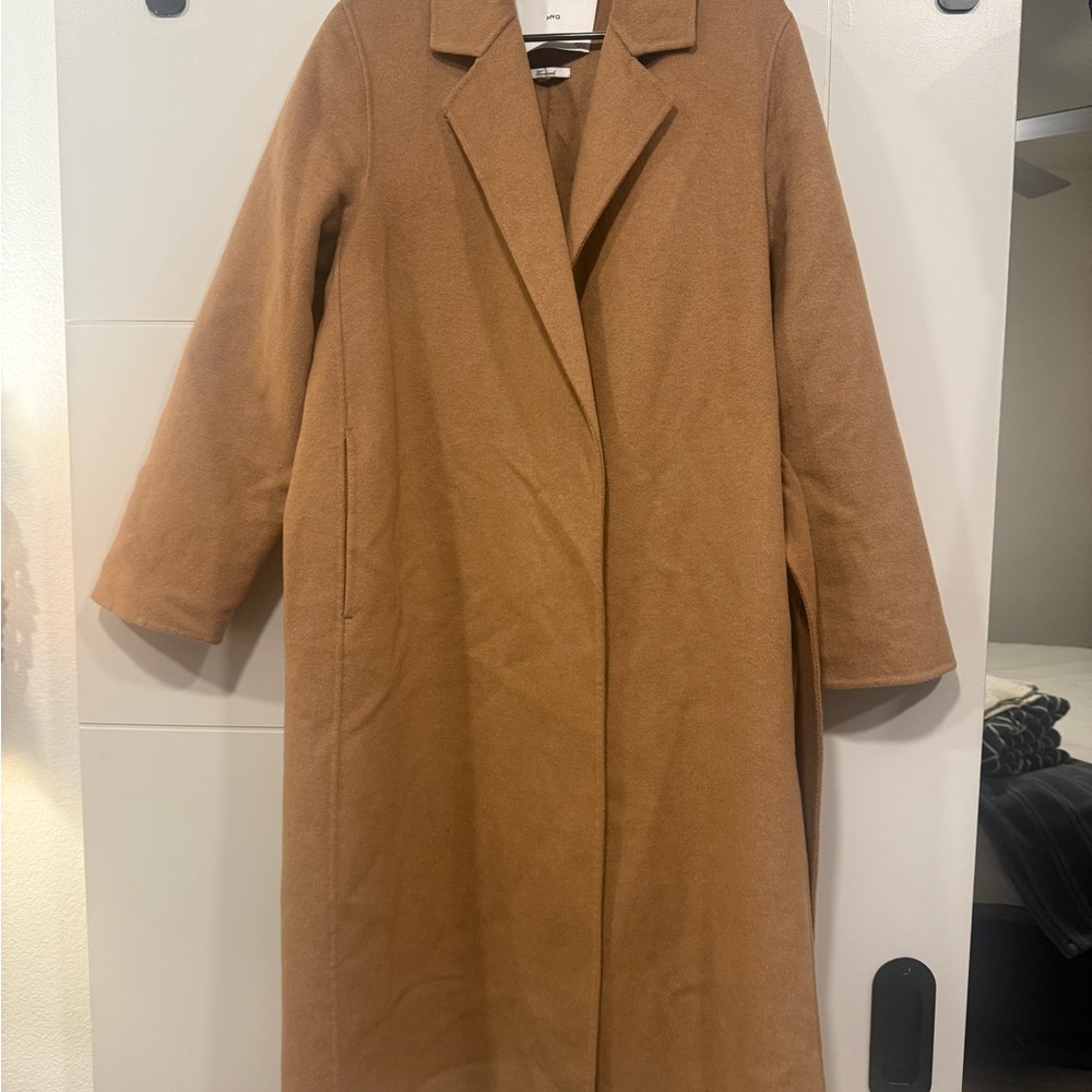 Mango Camel Belted Wool-Blend Long Coat | Classic Tie Waist Overcoat Small